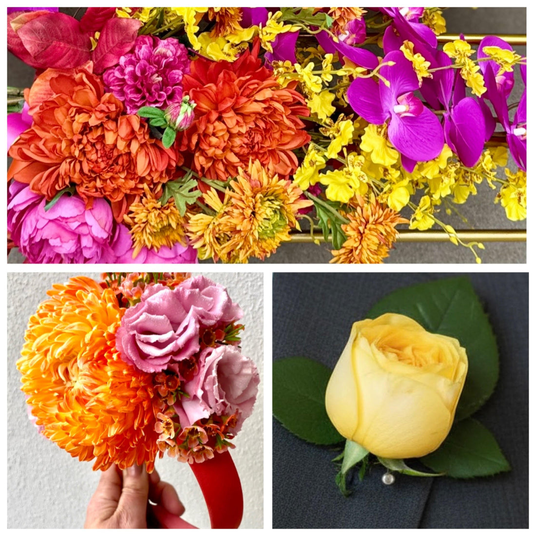 yellow rose buttonhole, floral hairpiece and silk arbour installation piece