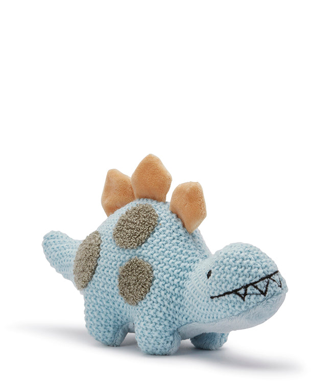 A Nana Huchy plush toy representing a baby dinosaur with blue body, brown spots, and orange spikes on its back.