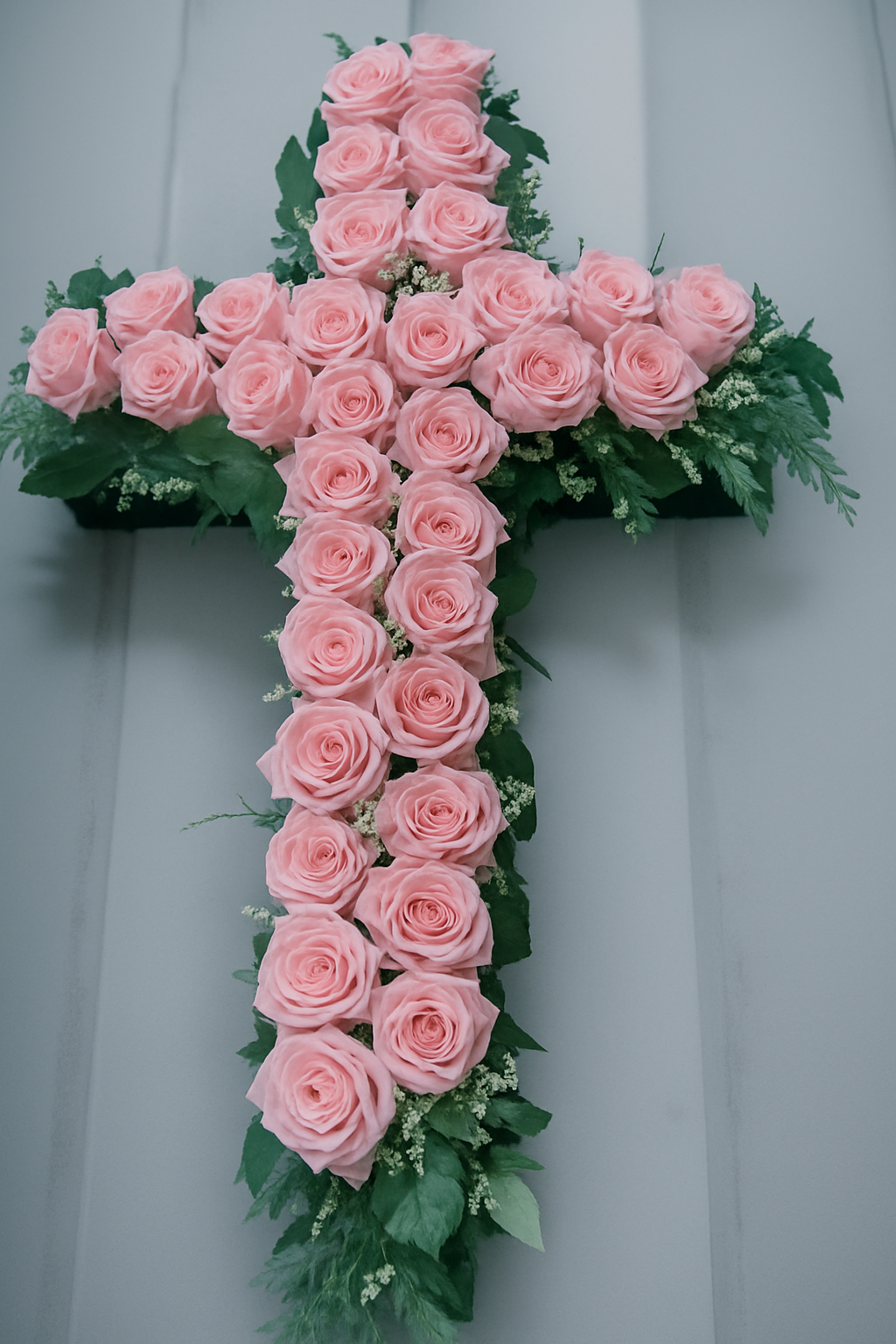 Funeral cross sympathy tribute pink roses