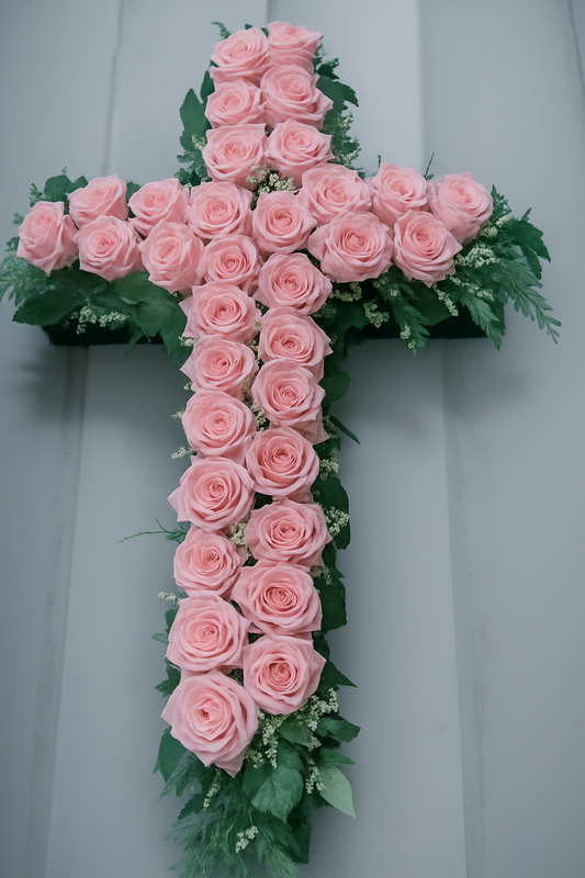Funeral cross sympathy tribute pink roses