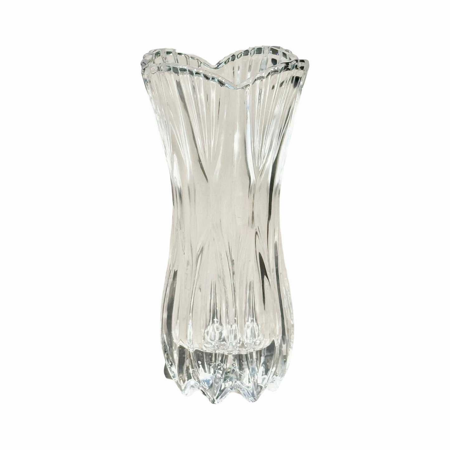 A clear vintage-inspired crystal glass vase with intricate cut patterns.