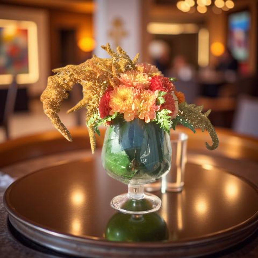 A luxurious floral arrangement with vibrant florals and gold-dusted accents in an oversized cognac-shaped vase, placed on a table at a presumably high-profile event.
