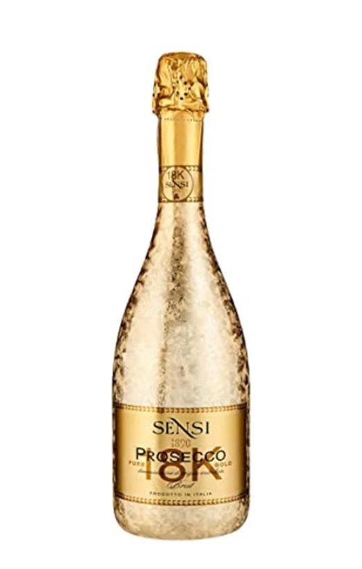 A bottle of Sensi 18K Prosecco Sparkling Wine with a golden label and a cap on a white background.