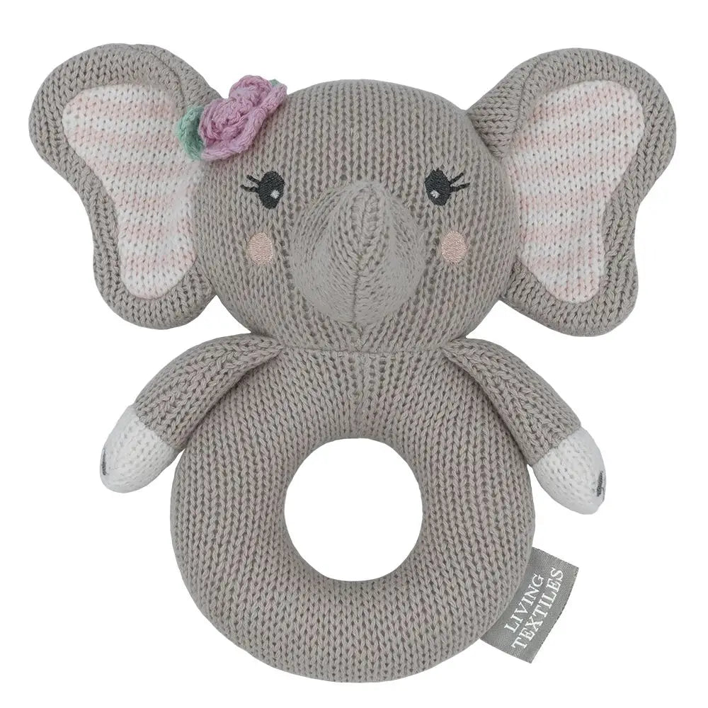A gray Ella the elephant-shaped rattle with a flower on its ear, designed for babies.