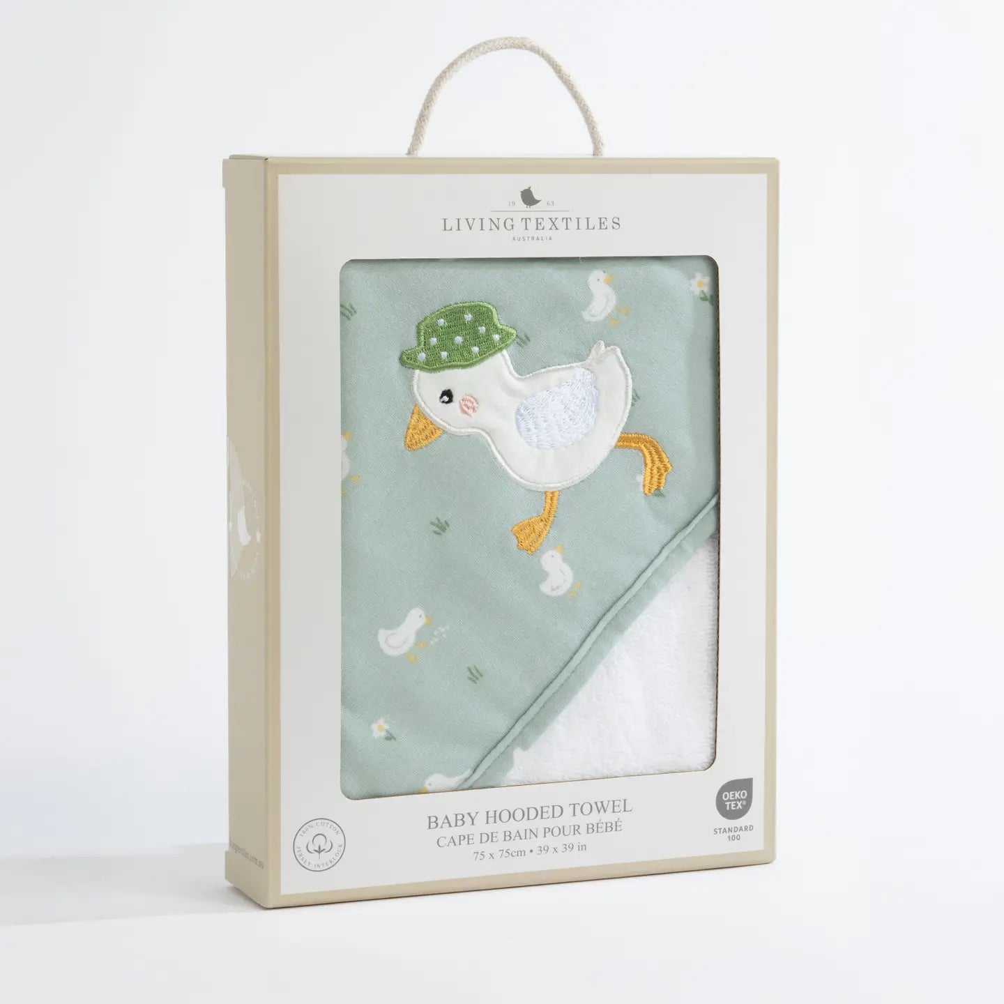 Living Textiles baby hooded towel with an embroidered goose design, presented in a box.