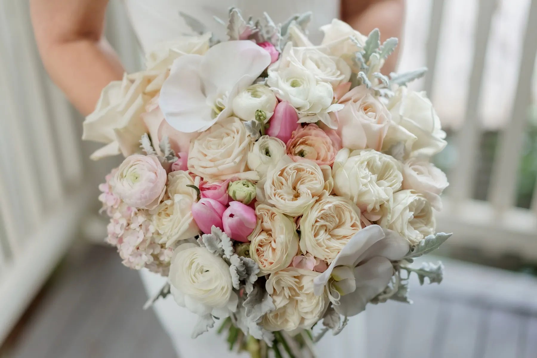 Bridal bouquet of white and blush garden roses, ranunculus, pink tulips and orchids
