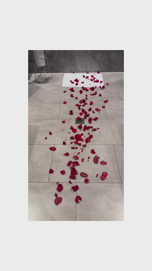 Rose petals trailed across a hotel room floor, part of the Suite Seduction romantic hotel setup by Perfect Petals Brisbane