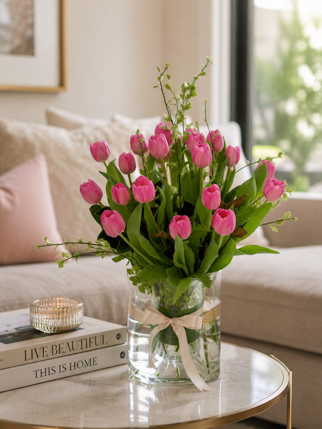 vase bouquet of pink tulips