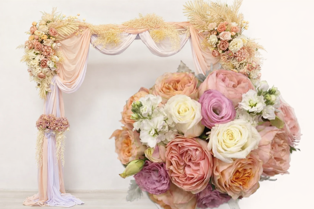 silk flower arbour and fresh flower wedding bouquet