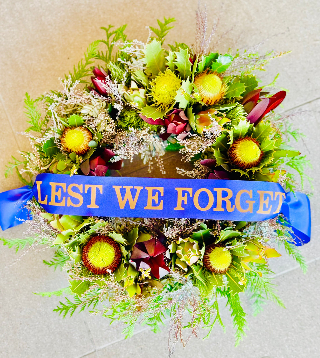 Lest We Forget Anzac Day wreath featuring Australian Natives