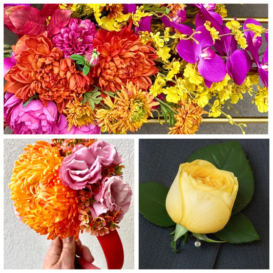 yellow rose buttonhole, floral hairpiece and silk arbour installation piece