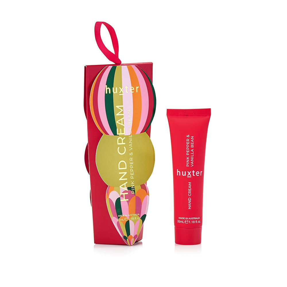 Huxter 35ml hand cream with its mulberry striped Christmas bauble gift box and ribbon loop