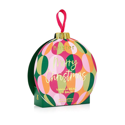 Huxter round Christmas bauble box in green, pink and gold circles reading Merry Christmas