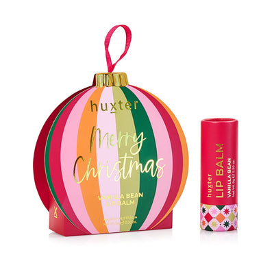 Huxter Vanilla Bean lip balm with its mulberry striped Merry Christmas bauble gift box