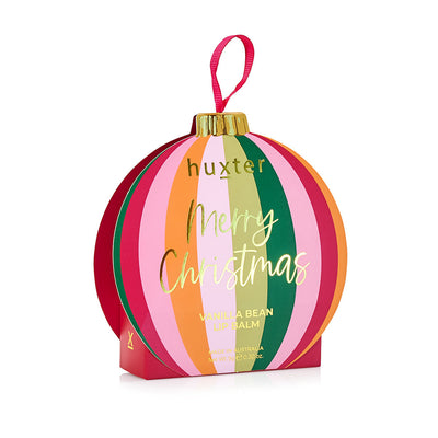 Huxter round Christmas bauble box in mulberry, pink, green and gold stripes reading Merry Christmas