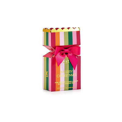Huxter body cleansing bar bon bon in mulberry, pink, green and gold stripes tied with a bow