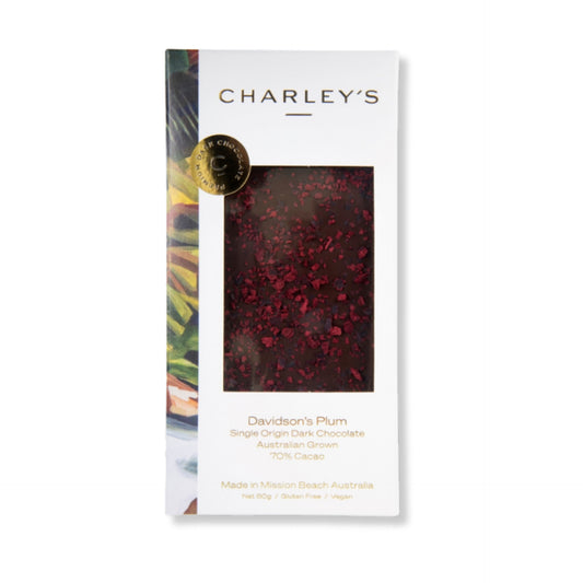 “Charley’s Signature Davidson’s Plum Dark Chocolate – single origin 70% cocoa, handcrafted in Mission Beach Queensland”