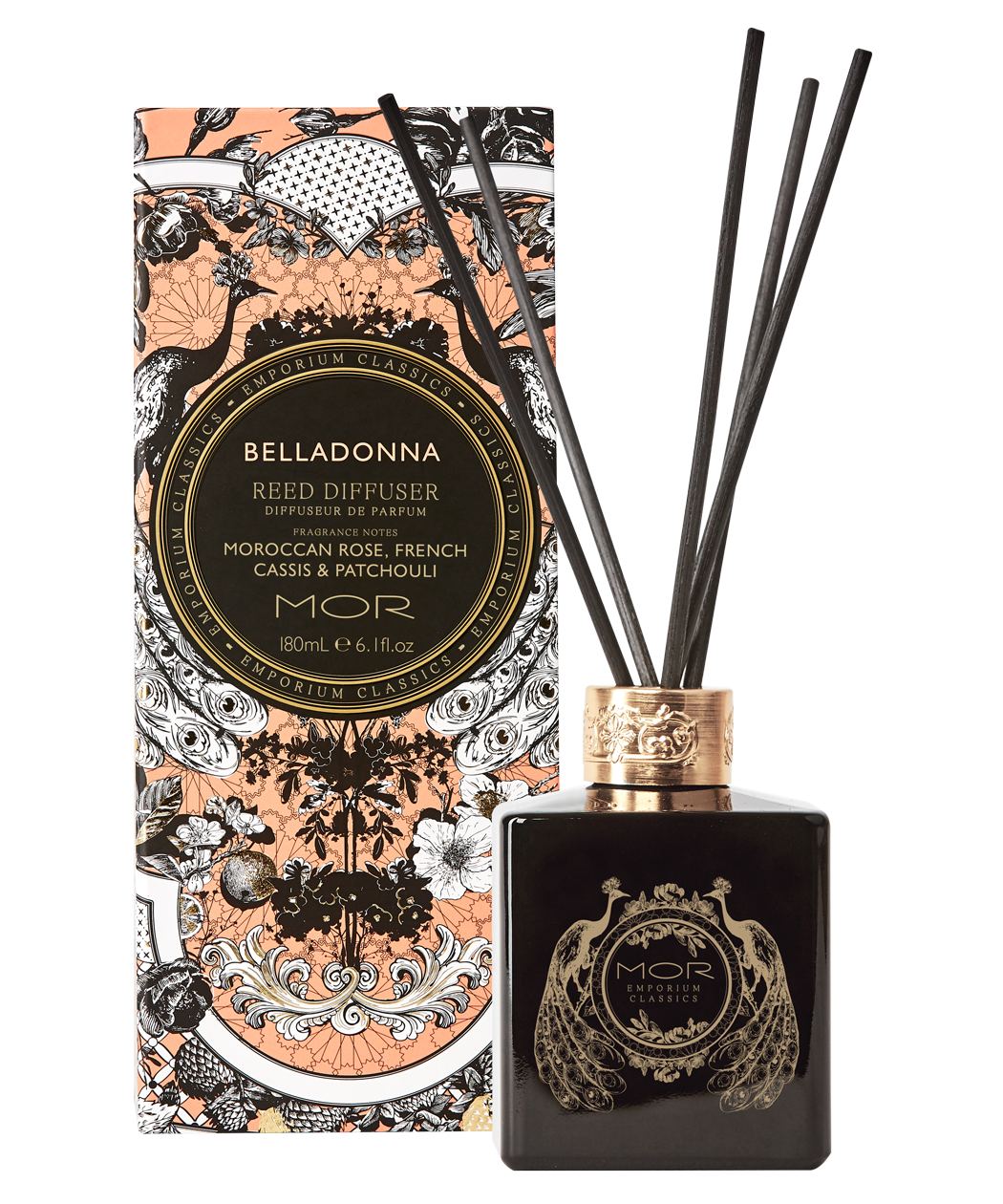 A black glass reed diffuser with gold and white floral patterns and a gold diffuser cap, alongside its decorative box with similar designs.