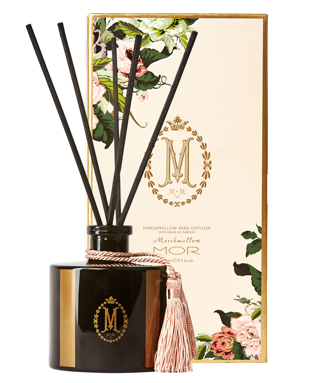 A black reed diffuser with a tassel on top, inside a square-shaped glass jar with a black lid. The product is adorned with a floral pattern and has the 'Mor' brand logo.