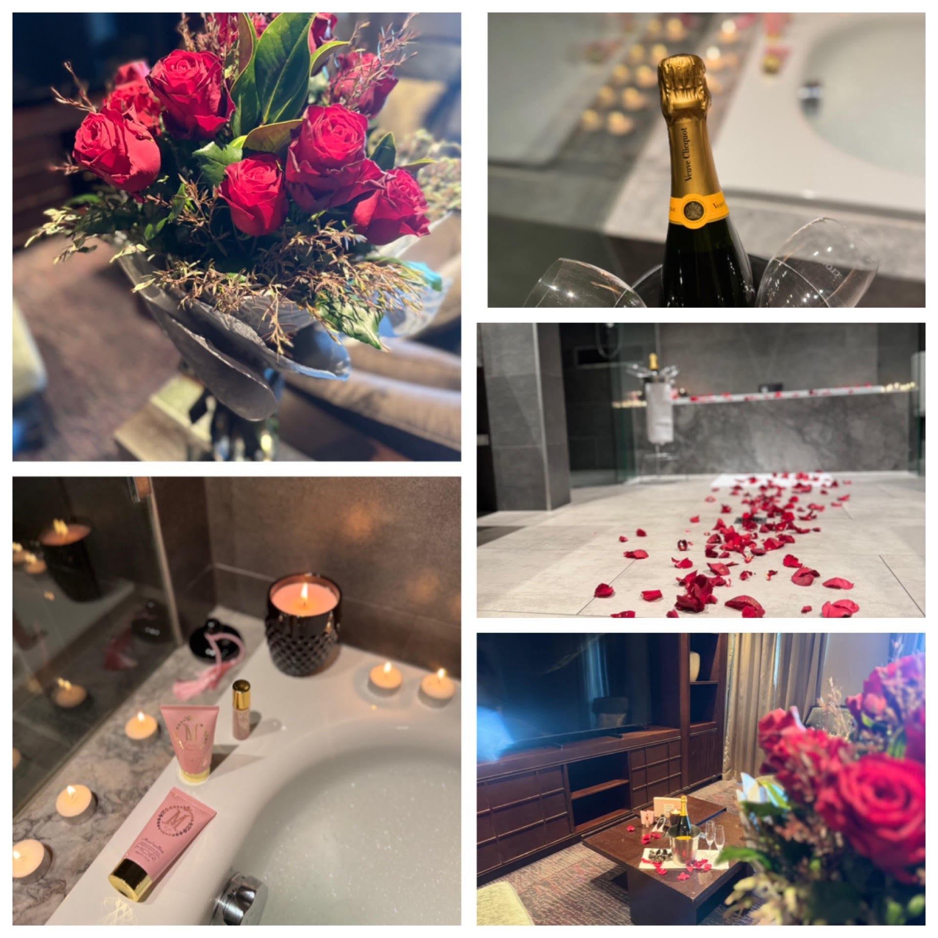 Collage of romantic elements including flowers, champagne, Mor scented candles and tea light candles, chocolates with spa body products.