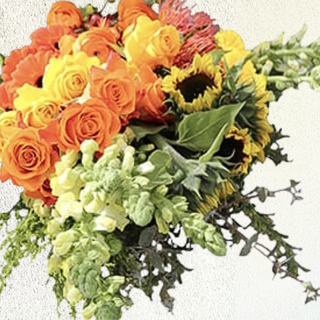 A vibrant bouquet of multicolored flowers including orange, yellow, and green, beautifully arranged and presented.
