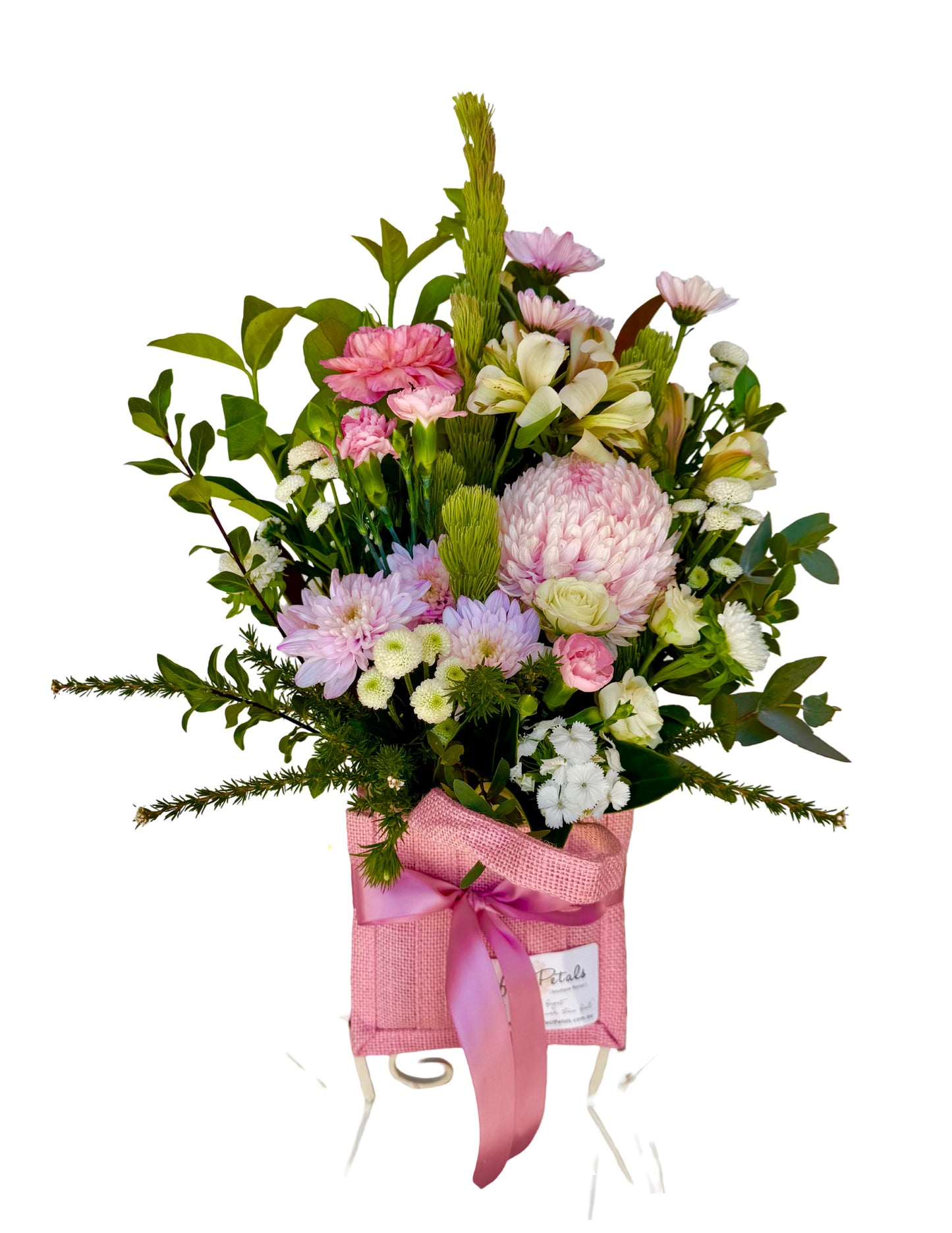 pink and white flower arrangement in hessian bag