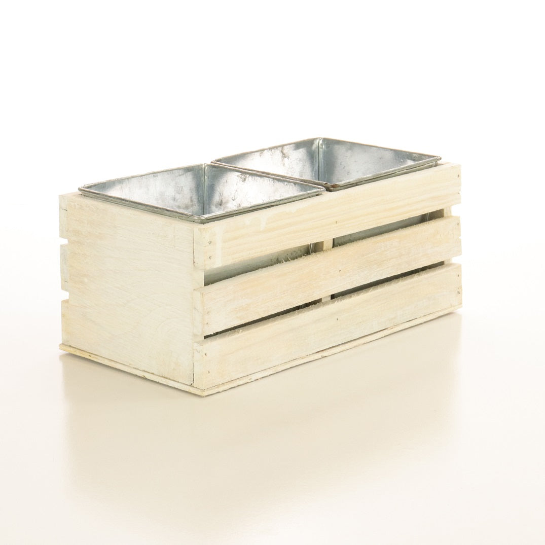 Empty white wooden crate with two metal liners used for the Flowers & Garden Crate arrangement.